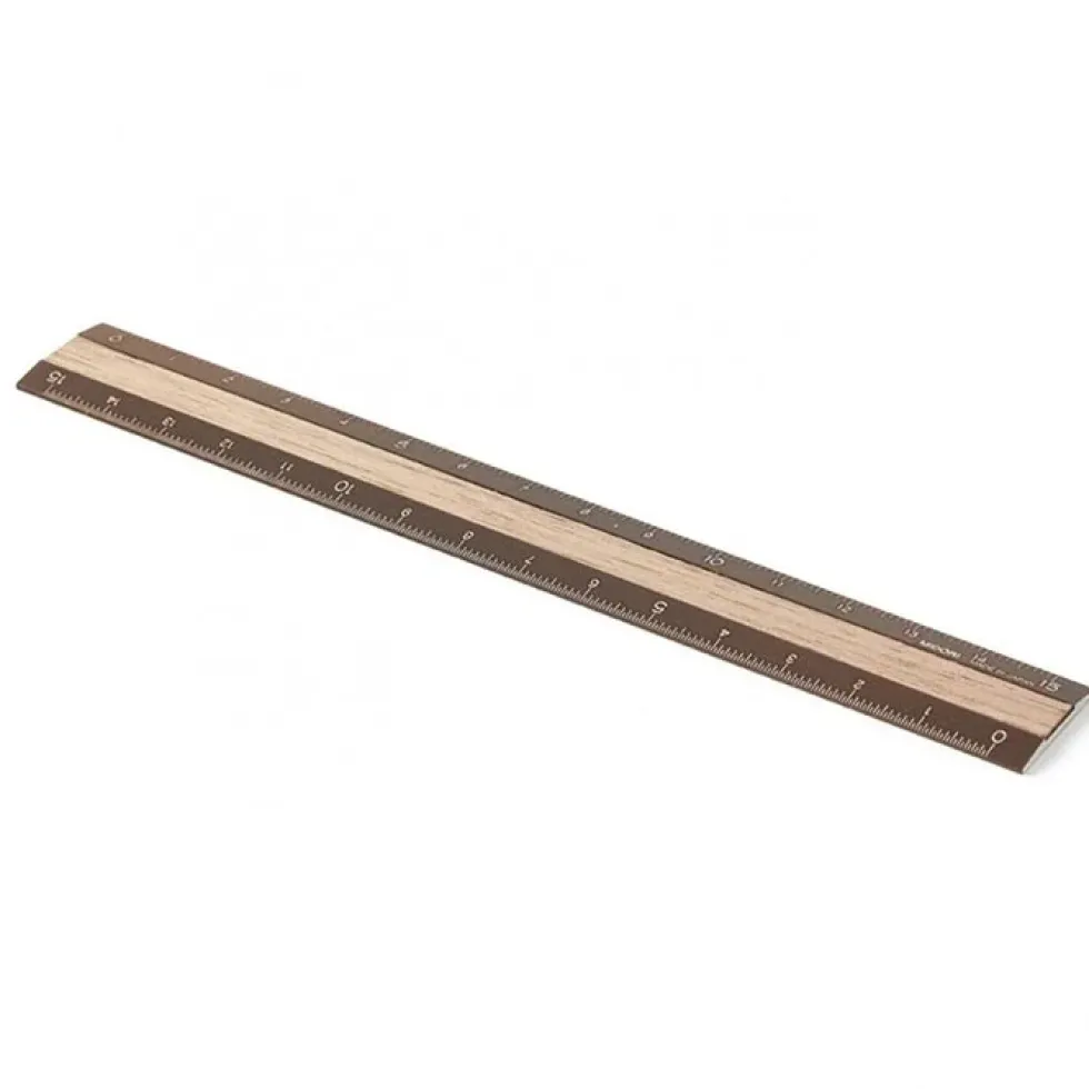 Aluminium and Wood Ruler 15 cm Brown/Dark Brown