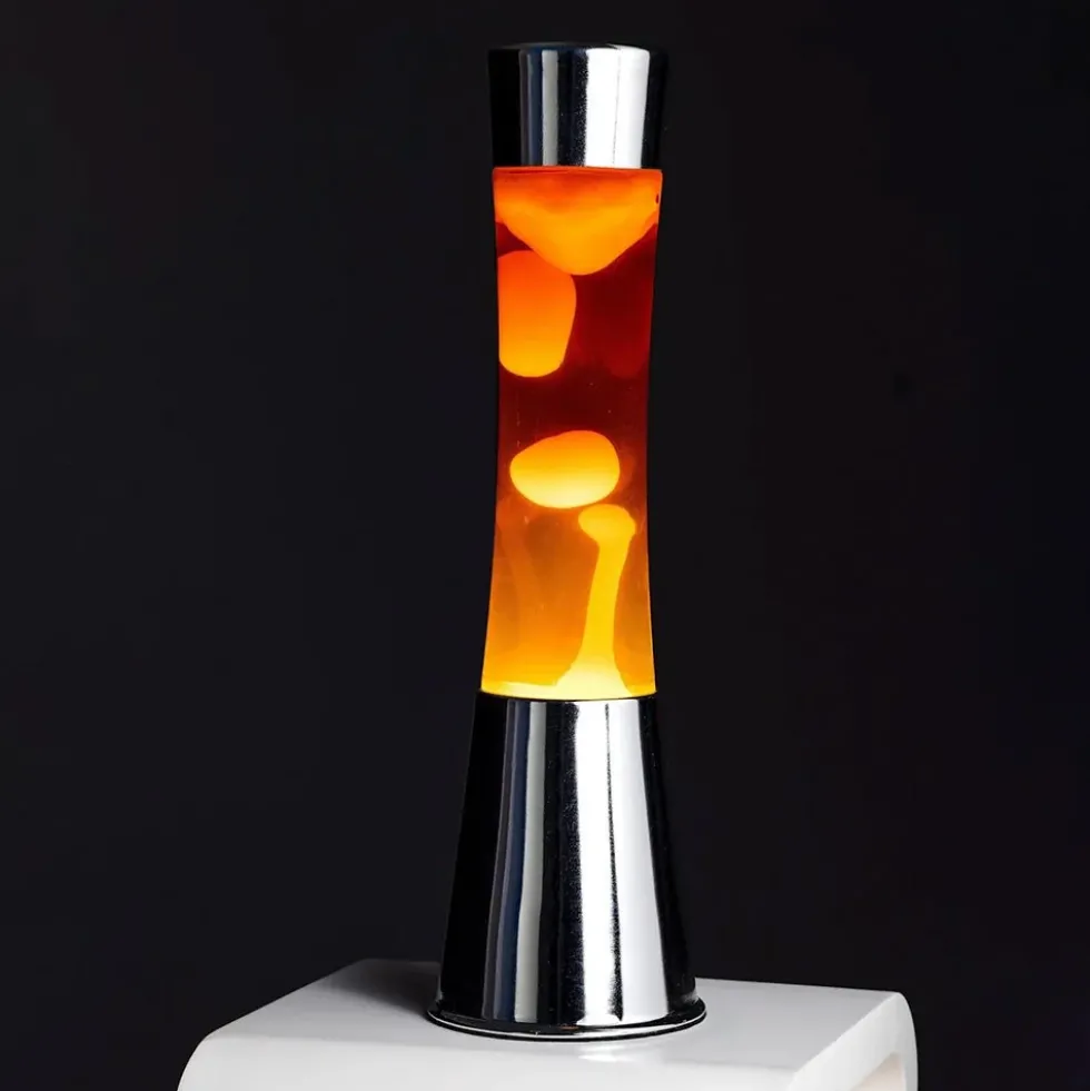 Lava Lamp with Chrome Base, Clear Liquid, and Orange Lava