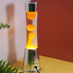 Lava Lamp with Chrome Base, Clear Liquid, and Orange Lava