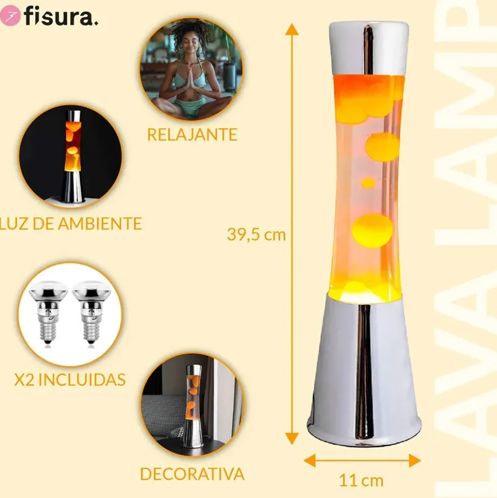 Lava Lamp with Chrome Base, Clear Liquid, and Orange Lava