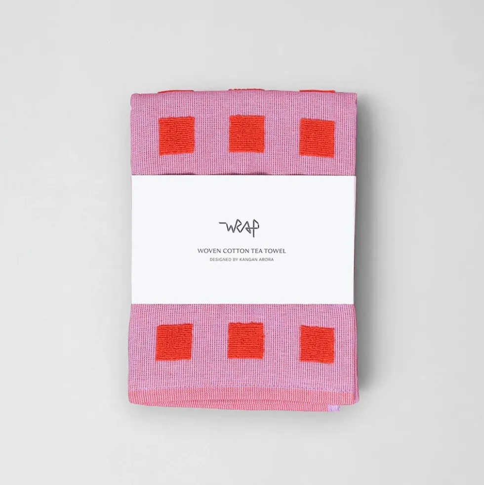 Squares Lilac Warm Red Cotton Tea Towel