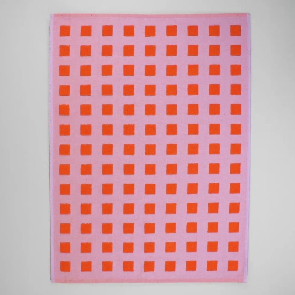 Squares Lilac Warm Red Cotton Tea Towel