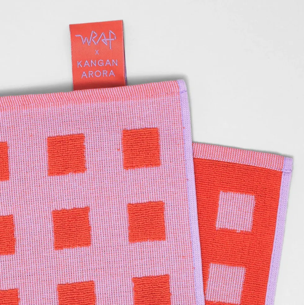 Squares Lilac Warm Red Cotton Tea Towel