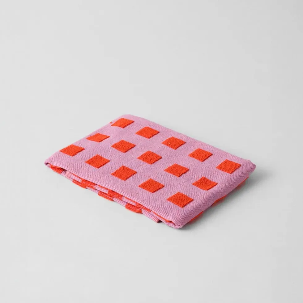 Squares Lilac Warm Red Cotton Tea Towel
