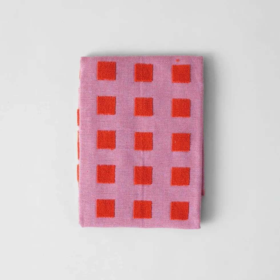 Squares Lilac Warm Red Cotton Tea Towel