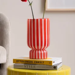 Vase Rayado Retro Large Bright Scarlet Red