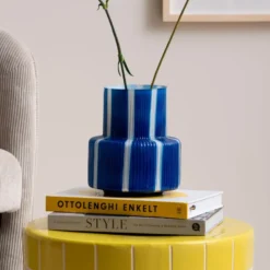 Vase Rayado Retro Wide Cobalt Blue